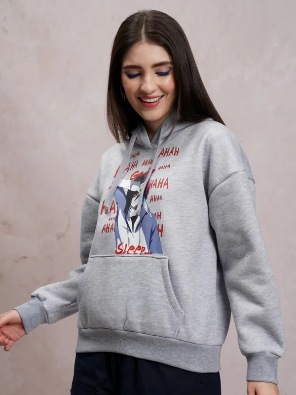  Tokyo Talkies Women Grey Printed Pullover Hood Sweatshirts