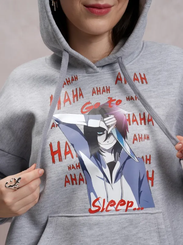  Tokyo Talkies Women Grey Printed Pullover Hood Sweatshirts