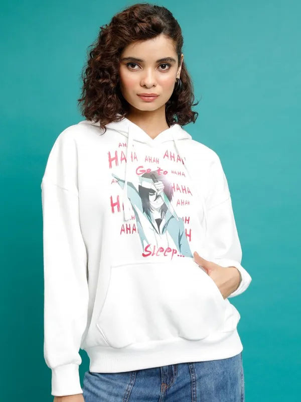  Tokyo Talkies Women White Printed Pullover Hood Sweatshirts