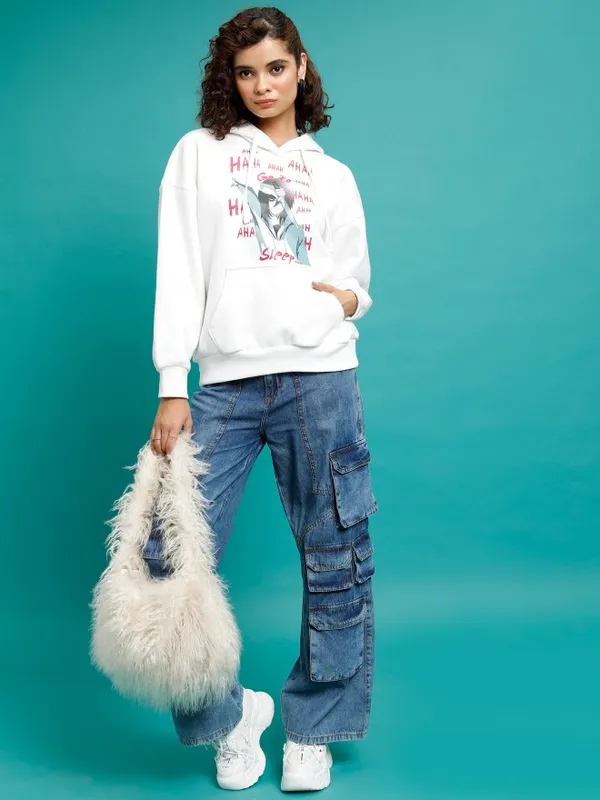  Tokyo Talkies Women White Printed Pullover Hood Sweatshirts