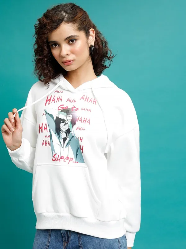  Tokyo Talkies Women White Printed Pullover Hood Sweatshirts
