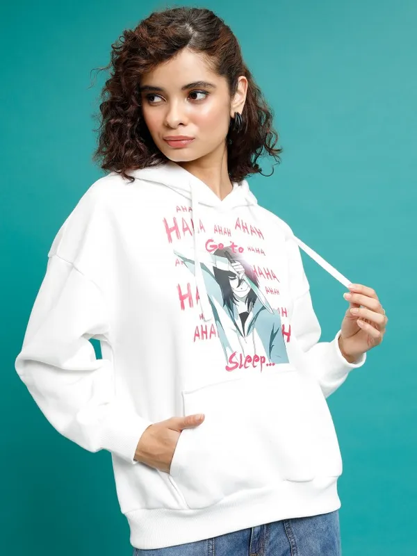  Tokyo Talkies Women White Printed Pullover Hood Sweatshirts