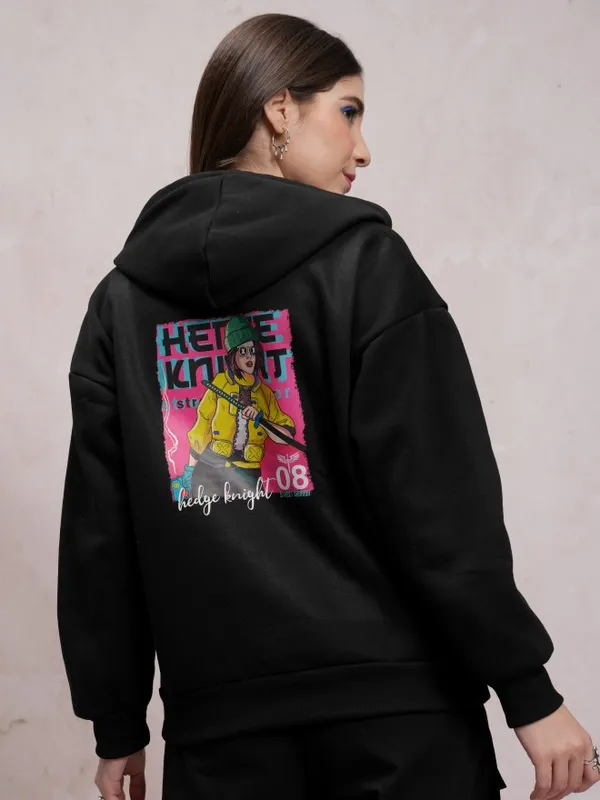  Tokyo Talkies Women Black Printed Pullover Hood Sweatshirts