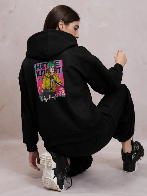  Tokyo Talkies Women Black Printed Pullover Hood Sweatshirts