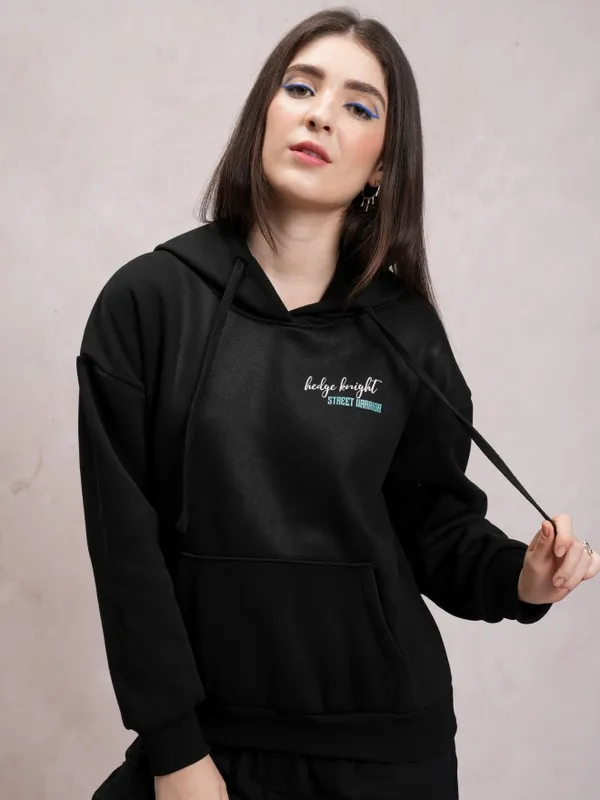 Tokyo Talkies Women Black Printed Pullover Hood Sweatshirts