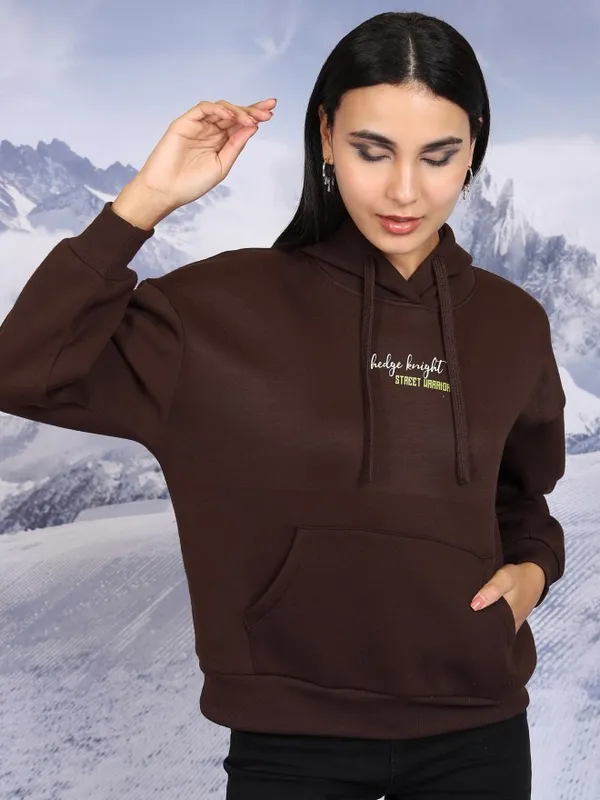  Tokyo Talkies Women Brown Printed Pullover Hood Sweatshirts