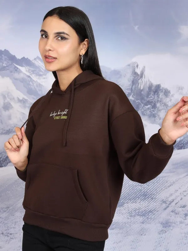  Tokyo Talkies Women Brown Printed Pullover Hood Sweatshirts