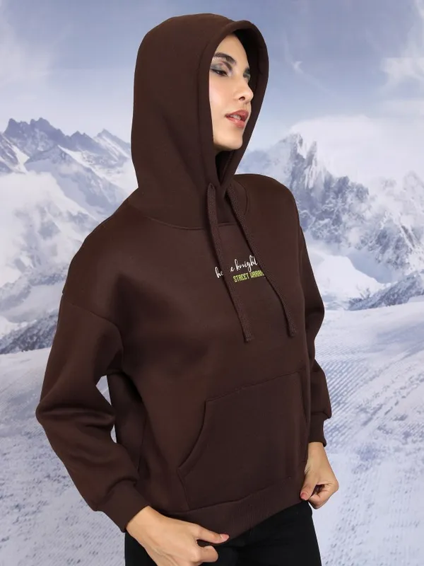  Tokyo Talkies Women Brown Printed Pullover Hood Sweatshirts