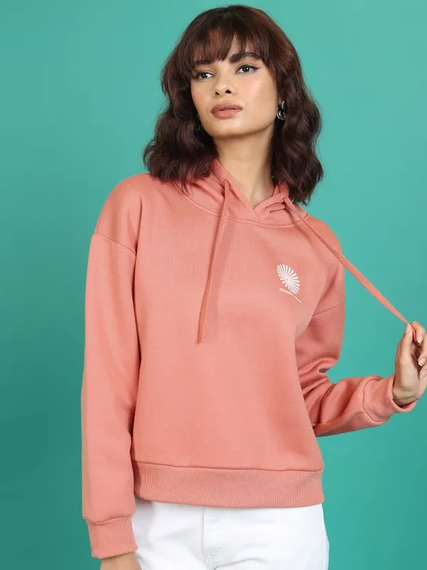  Tokyo Talkies Women Orange Printed Pullover Hood Sweatshirts