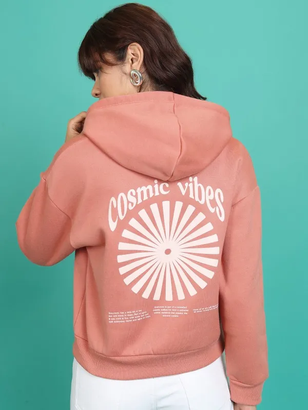  Tokyo Talkies Women Orange Printed Pullover Hood Sweatshirts