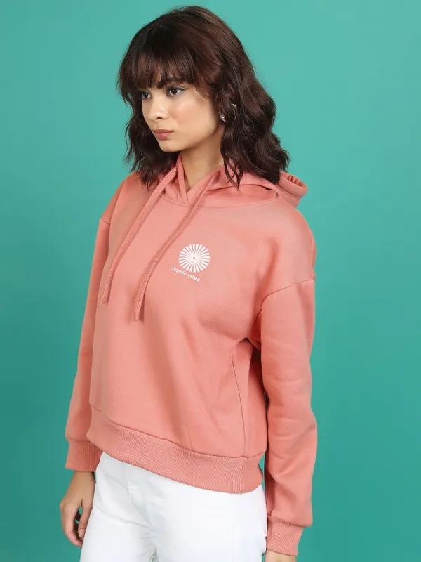  Tokyo Talkies Women Orange Printed Pullover Hood Sweatshirts