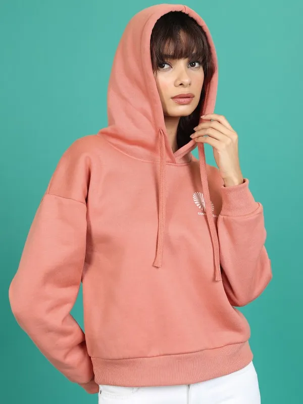  Tokyo Talkies Women Orange Printed Pullover Hood Sweatshirts