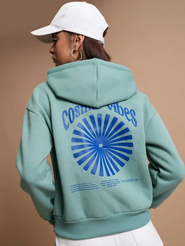  Tokyo Talkies Women Blue Printed Pullover Hood Sweatshirts