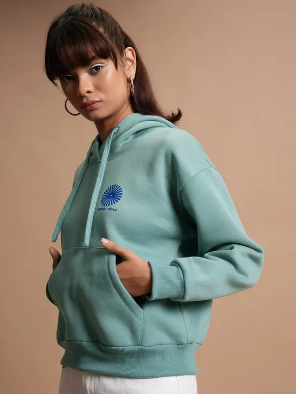  Tokyo Talkies Women Blue Printed Pullover Hood Sweatshirts