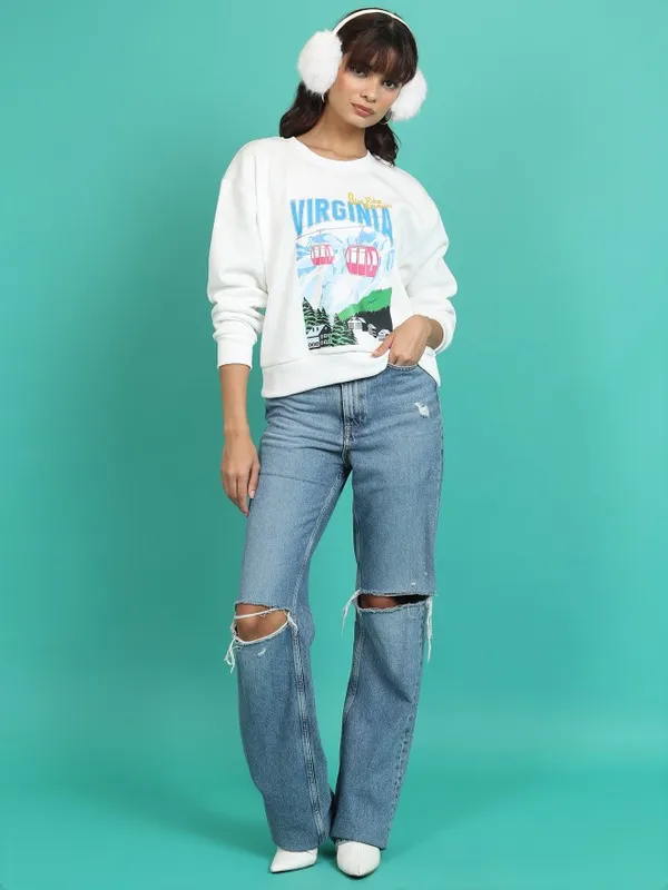  Tokyo Talkies Women White Printed Pullover Round Neck Sweatshirts