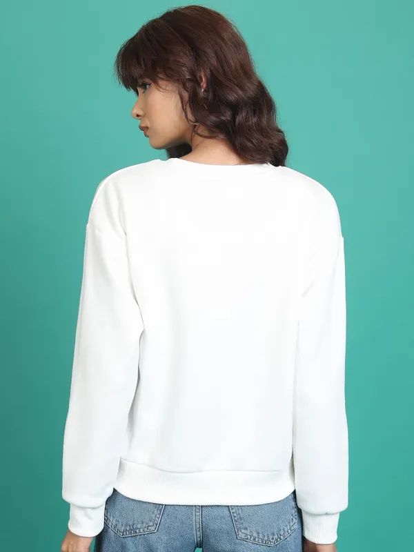  Tokyo Talkies Women White Printed Pullover Round Neck Sweatshirts