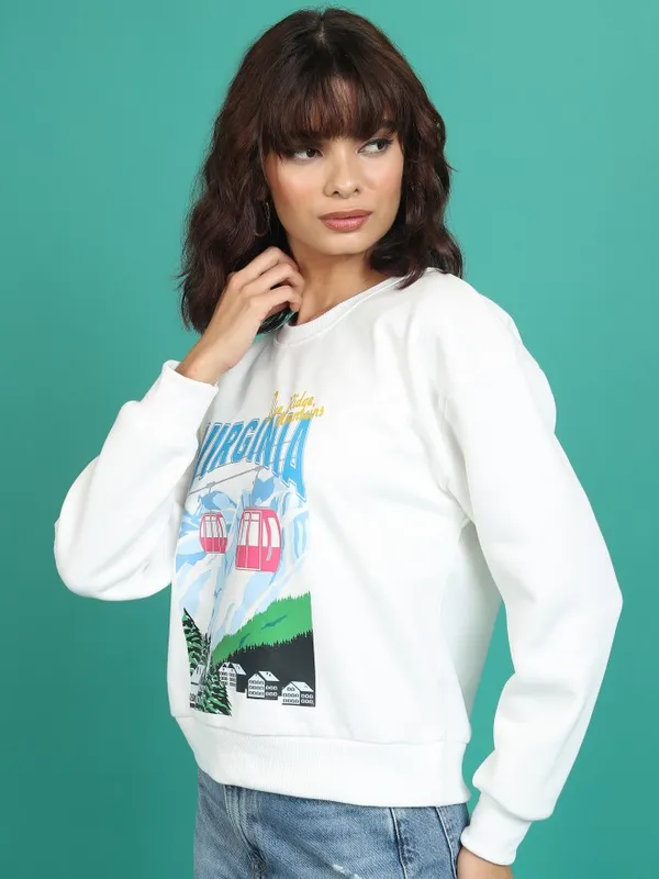 Tokyo Talkies Women White Printed Pullover Round Neck Sweatshirts