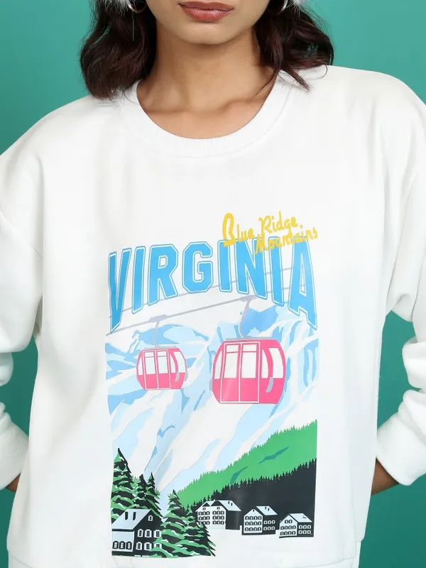  Tokyo Talkies Women White Printed Pullover Round Neck Sweatshirts