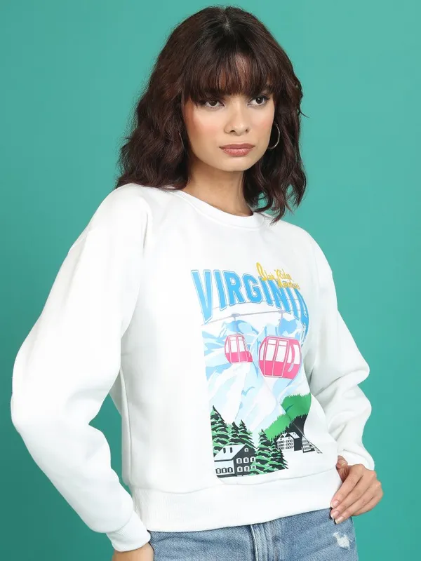  Tokyo Talkies Women White Printed Pullover Round Neck Sweatshirts