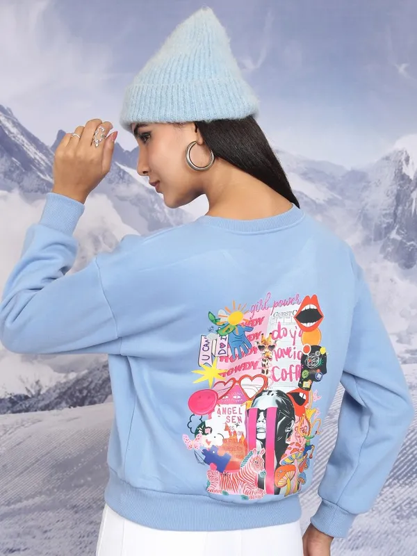  Tokyo Talkies Women Blue Printed Pullover Round Neck Sweatshirts