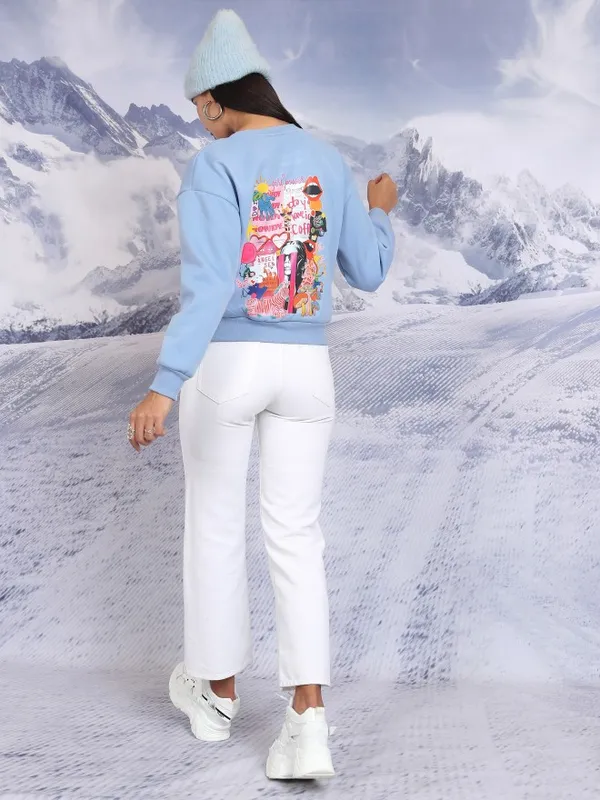  Tokyo Talkies Women Blue Printed Pullover Round Neck Sweatshirts