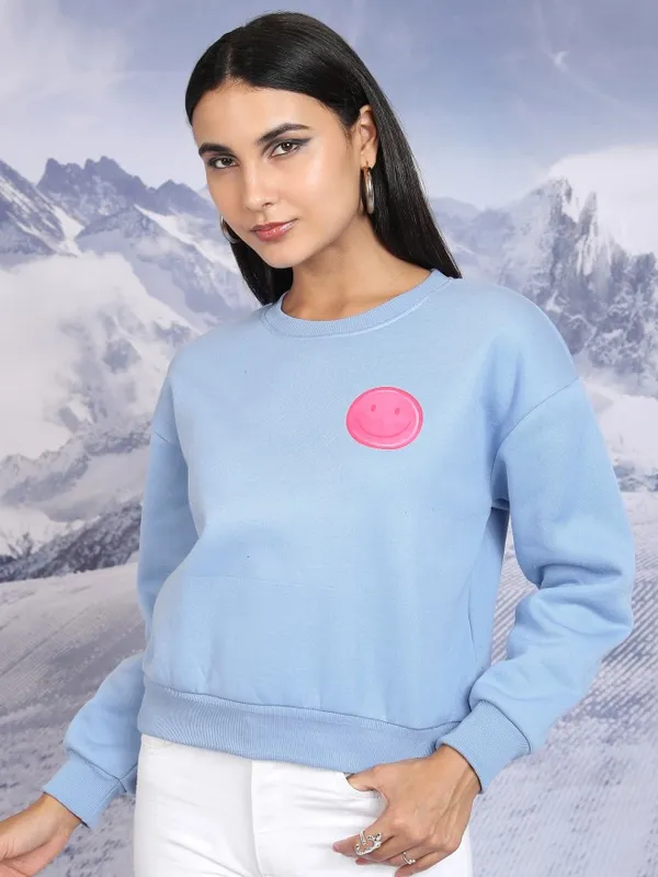  Tokyo Talkies Women Blue Printed Pullover Round Neck Sweatshirts