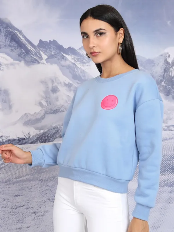  Tokyo Talkies Women Blue Printed Pullover Round Neck Sweatshirts