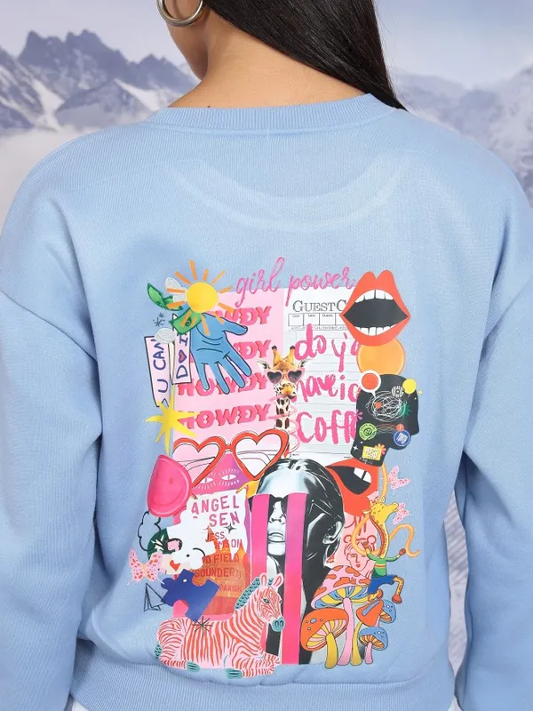  Tokyo Talkies Women Blue Printed Pullover Round Neck Sweatshirts