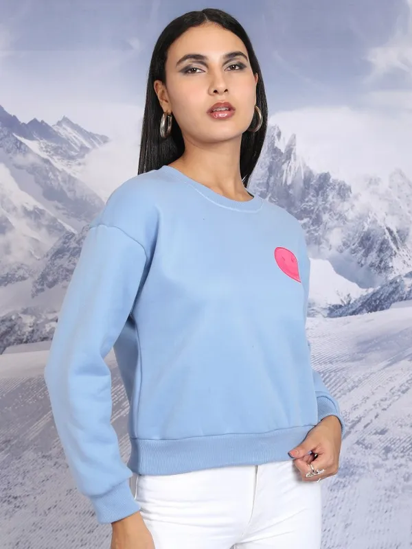  Tokyo Talkies Women Blue Printed Pullover Round Neck Sweatshirts