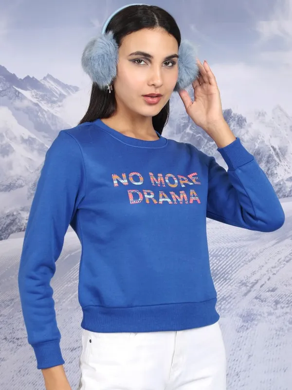  Tokyo Talkies Women Blue Printed Pullover Round Neck Sweatshirts