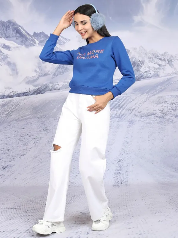  Tokyo Talkies Women Blue Printed Pullover Round Neck Sweatshirts