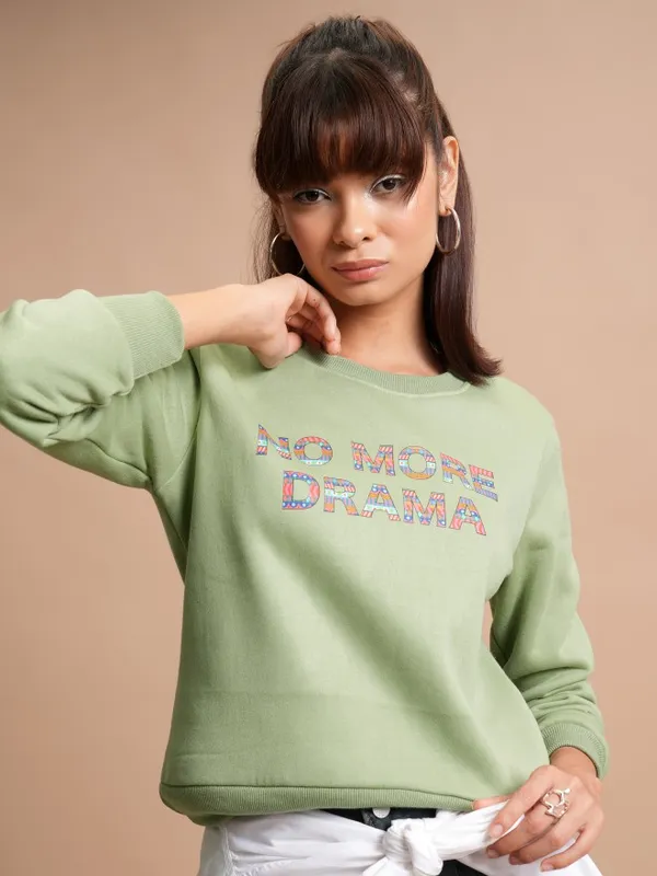  Tokyo Talkies Women Green Printed Pullover Round Neck Sweatshirts