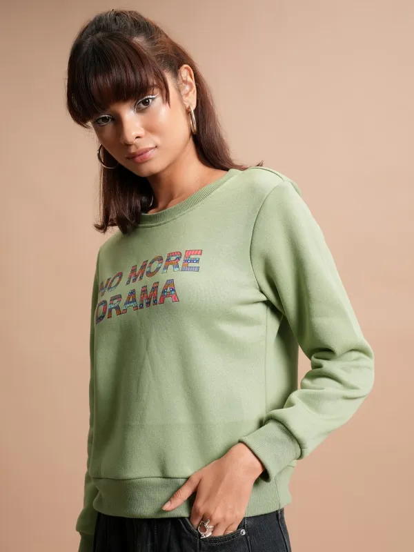  Tokyo Talkies Women Green Printed Pullover Round Neck Sweatshirts