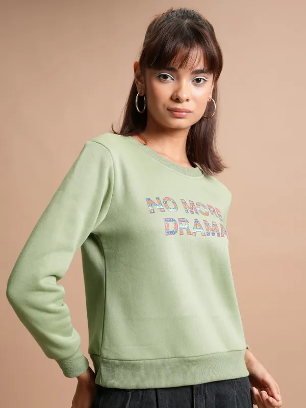  Tokyo Talkies Women Green Printed Pullover Round Neck Sweatshirts