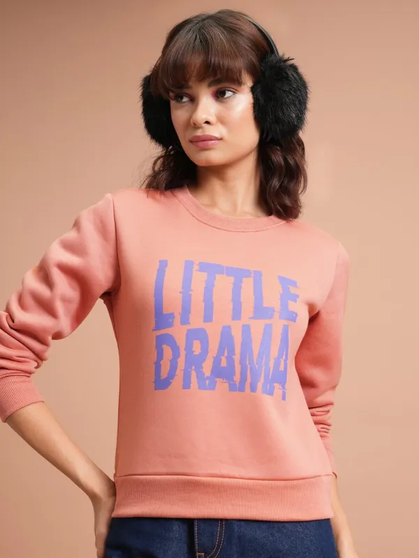  Tokyo Talkies Women Orange Printed Pullover Round Neck Sweatshirts