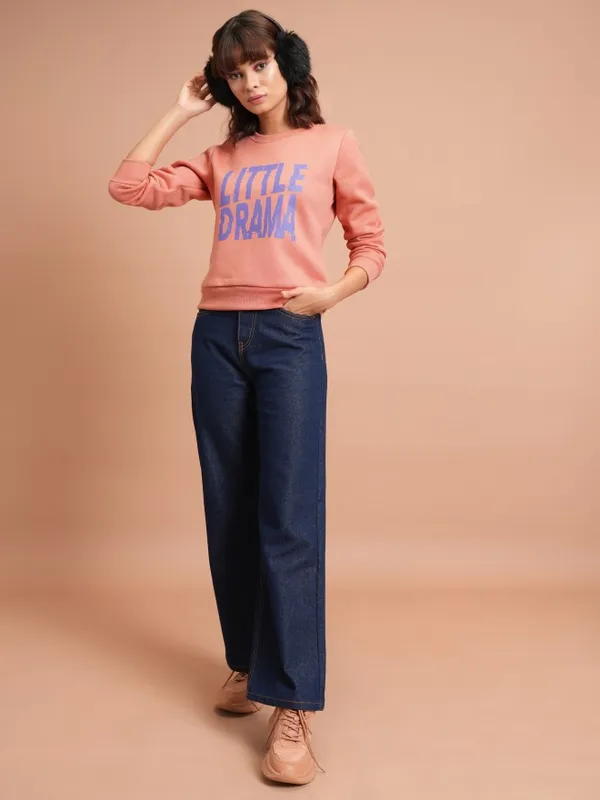  Tokyo Talkies Women Orange Printed Pullover Round Neck Sweatshirts