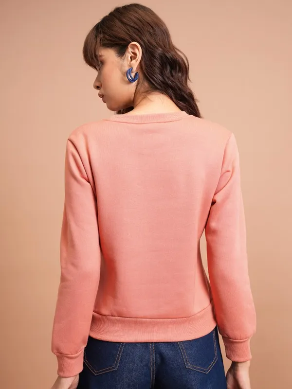  Tokyo Talkies Women Orange Printed Pullover Round Neck Sweatshirts