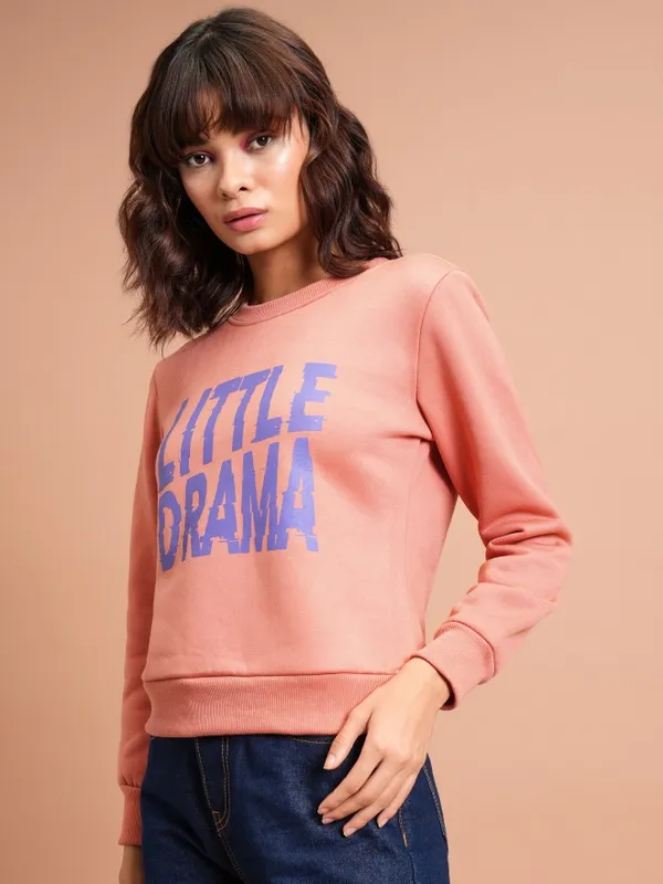  Tokyo Talkies Women Orange Printed Pullover Round Neck Sweatshirts