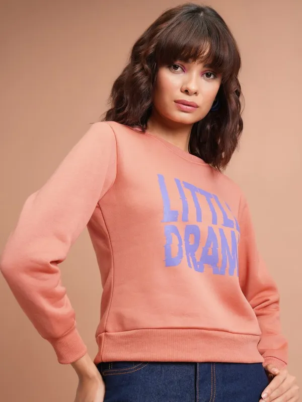  Tokyo Talkies Women Orange Printed Pullover Round Neck Sweatshirts