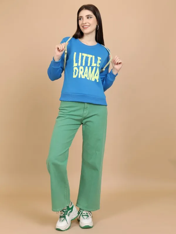  Tokyo Talkies Women Blue Printed Pullover Round Neck Sweatshirts