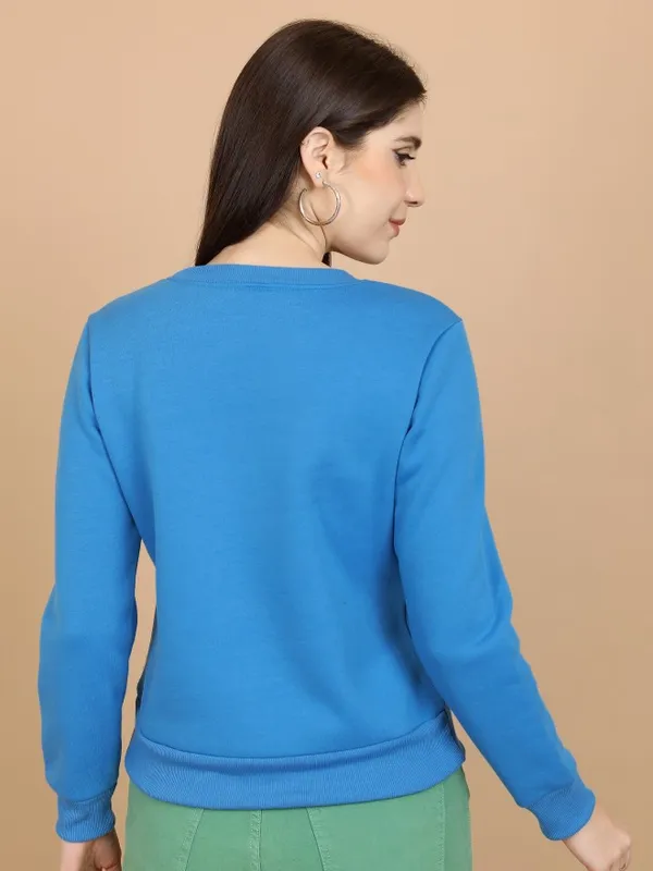  Tokyo Talkies Women Blue Printed Pullover Round Neck Sweatshirts