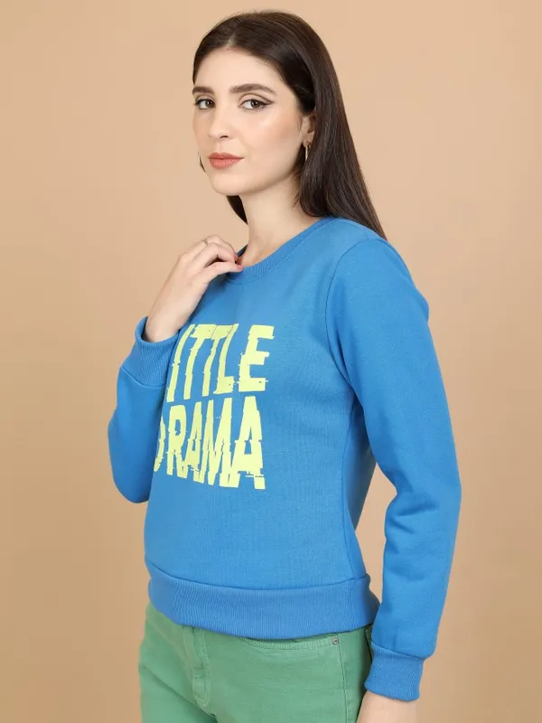  Tokyo Talkies Women Blue Printed Pullover Round Neck Sweatshirts