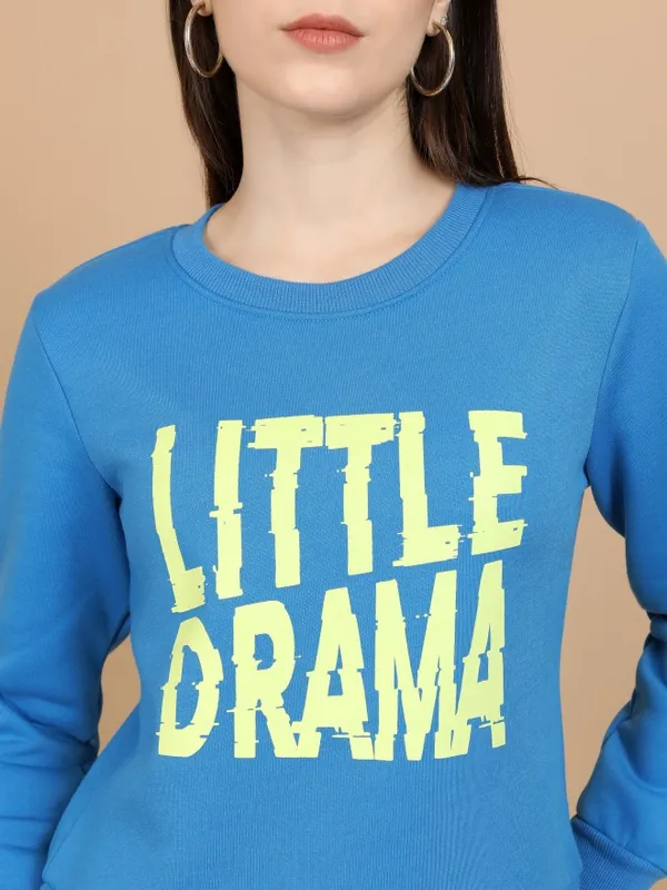  Tokyo Talkies Women Blue Printed Pullover Round Neck Sweatshirts
