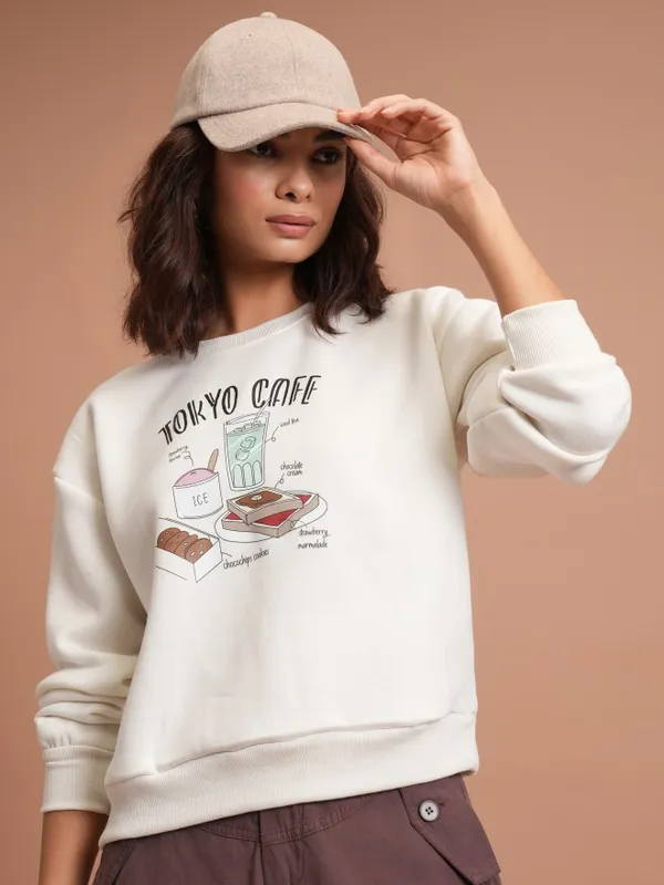  Tokyo Talkies Women White Printed Pullover Round Neck Sweatshirts