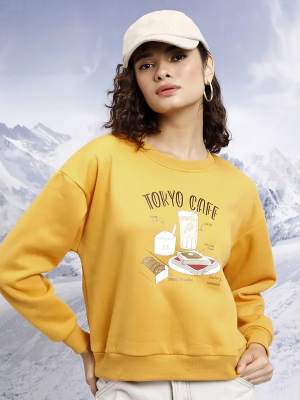  Tokyo Talkies Women Yellow Printed Pullover Round Neck Sweatshirts