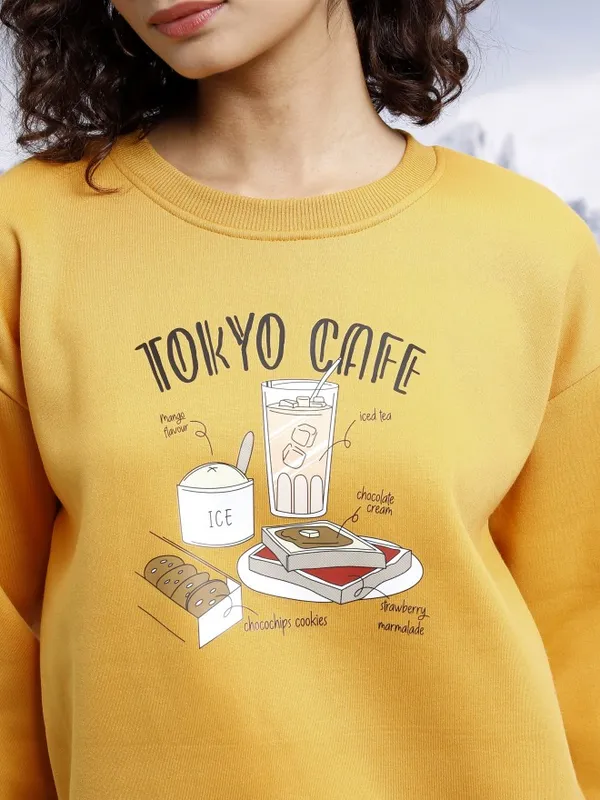  Tokyo Talkies Women Yellow Printed Pullover Round Neck Sweatshirts