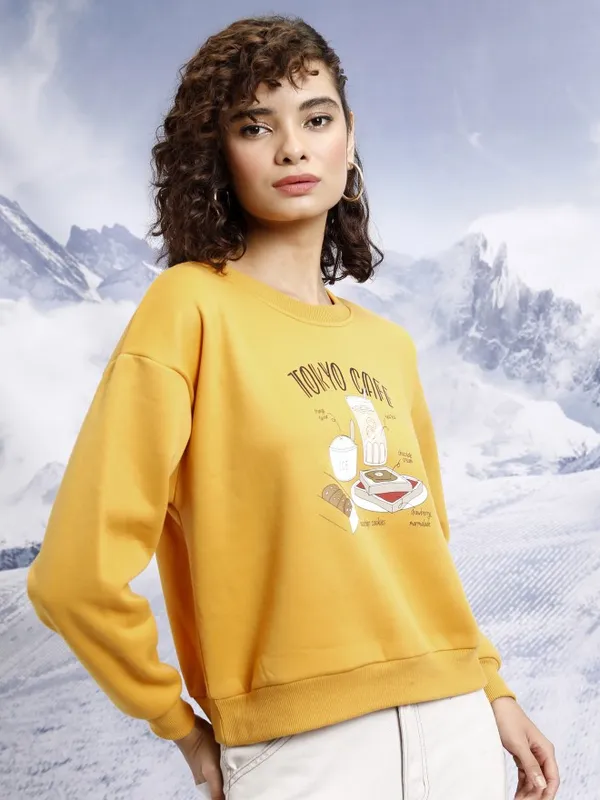  Tokyo Talkies Women Yellow Printed Pullover Round Neck Sweatshirts