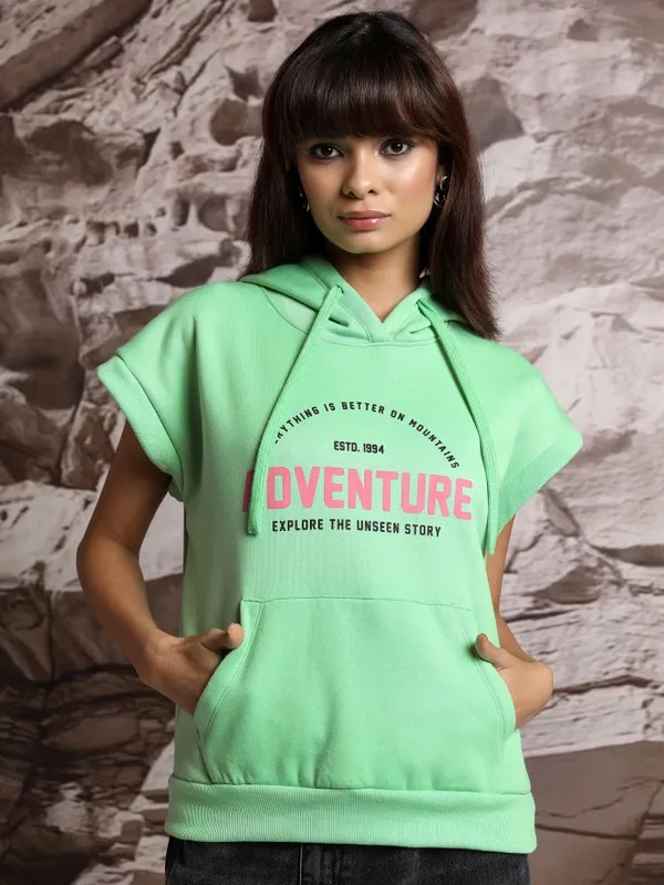  Tokyo Talkies Women Green Printed Pullover Hood Sweatshirts