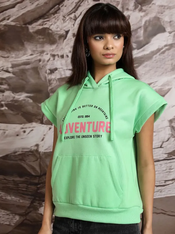  Tokyo Talkies Women Green Printed Pullover Hood Sweatshirts