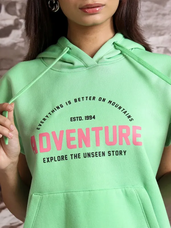  Tokyo Talkies Women Green Printed Pullover Hood Sweatshirts